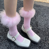 Fashionkova  Nye Outfit Y2k Women Feather Fur Middle Tube Socks Rose Pink Jk Lolita Socks Cotton Funny Cotton Socks Pile Cosplay Party Accessories