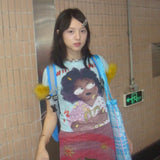 Fashionkova Japanese Y2k Graffiti Print T-shirt Trashy 2000s Style Crop Top Vintage Harajuku Removable Fur Sleeve Tee Shirt American Spring Style 2025