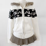 FashionKova-High Street Y2K Autumn/Winter Zipper vintage hooded women's knitted cardigan sweater jacket Student Korean top street wear emo