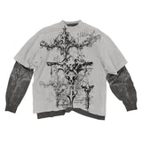 Fashionkova Gothic skull cross letter print fake two-piece design y2k T-shirt for men 2000s American retro punk rock niche street baggy tops
