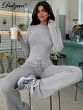 Fashionkova Women¡¯S Casual 2 Piece Pants Set Long Sleeves Bodycon Crop Top And Drawstring Flare Pants Matching Set Streetwear Autumn