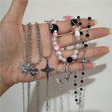 Fashionkova Kpop Trendy Vintage Star Cross Heart Pendant Pink Beaded Snake Chain Necklace For Women Men Party Jewelry Y2K EMO Accessories
