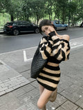 Fashionkova  party look inspos Striped Knitted Suits Women Casual 2 Piece Dress Set Female Y2k Clothing Korean Fashion Sweater Dress Office Lady 2025 Autumn