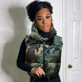 Fashionkova Street Women Camouflage Zipper Puffer Jacket Hollow Out Sleeve Camo Bubble Coats Stand Collar Collect Waist Parkas Down Jacket Valentine's Day Aesthetic