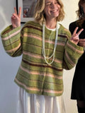 Fashionkova Green Stripe Knitted Cardigan Street Trend Contrasting Color Sweater Coat Jacket Retro Women's Loose Wool Knitwear Top Autumn ootd outfit idea