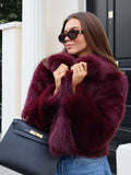 Fashionkova Party Outfit Vintage Red Faux Fox Fur Short Coat For Women Elegant Solid Lapel Long Sleeve Loose Jacket Winter Plush Warm High Street Outwear