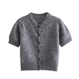 Fashionkova Autumn New Women's Fashion Casual Versatile Round Neck Short Sleeve Jewelry Knitted Cardigan Coat Valentine's Day Aesthetic