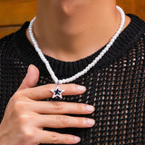 Fashionkova Simple Handmade Imitation Pearl Beaded Short Necklace Men's Fashion Rhinestone Star Pendant Choker Punk Party Jewelry
