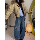 Fashionkova Retro American Star Applique Flared Hem Wide Leg Jeans Women 2025 Trendy Fluid Trousers Loose Baggy Floor-Length Streetwear