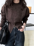 Fashionkova Cinched Waist Sweater for Women Pullovers Long Sleeve Mock Neck Plain Knitted Jumper with Zip Front Trendy Fall Winter Outfit Spring Style 2025