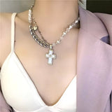 Fashionkova Y2K Trendy Beads Chain Women Cross Necklace Imitation Pearl Bead Titanium Steel Cuban Chain Necklace For Men Jewelry Gift