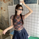 Fashionkova Grunge Plaid Print Sexy Slim Fit T-shirt Women Summer Casual y2k Crop Top Korean Fashion Basic Women's Short Sleeve Top Y2k Punk Spring Style 2025