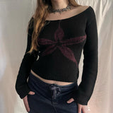 FashionKova-Harajuku Y2K retro women T-shirt long sleeve knitwear chic casual crewneck knitted Spring and autumn street top knitted sweater