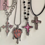 Fashionkova Gothic Pink Cross Heart Pendant Choker Necklace For Women Egirl Hip Hop Rope Chain Punk Y2K Charms Aesthetic Jewelry Accessories