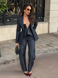 Fashionkova Elegant Solid Denim Women Trouser Suits Lapel Pocket Jacket Strapless Tanks Straight Pants 2025 Spring New Fashion Female Sets