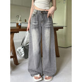 Fashionkova party outfit  Summer Grey Womens Jeans High Waist Baggy Casual Vintage Y2K Trend Straight Cargo Pants Street American Wide Leg Denim Trouser