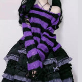 Fashionkova party look inspos Karrram Pink Striped Gothic Sweaters Women Ripped Holes Loose Knitted Pullover Frayed Fairy Grunge Jumpers Emo Streetwear Lolita