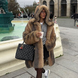 Fashionkova Party Outfit Luxury Faux Fur Coat With Hoodies Women Elegant Loose Long Sleeved Coats Female Autumn Winter Thickening High Street Outwear Top