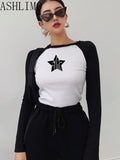 Fashionkova party look inspos Women T Shirts Star Top Pattern Print Casual Fashion Long Sleeve Crop Top Aesthetics T Shirts Patchwork Ladies Skinny Streetwear