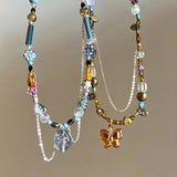 Fashionkova Melard Style Retro Beaded Butterfly Pendant Necklace for Women Colored Beads Bilayer Clavicle Sweater Chain Chokers Fine Jewelry