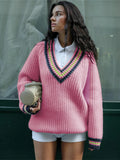 Fashionkova Valentine's Day Aesthetic Trendix Loose V Neck Knit Pullover Female Fashion Stripe Contrast Color Sweaters Winter Street Casual Long Sleeve Knitwear Coats