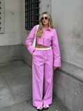 Fashionkova party look inspos Fashion Pink Patchwork Long Pant Set for Women Casual Lapel Long Sleeve Shirt Wide Leg Trousers Sets 2024 Spring New 2 Pcs Set