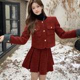 Fashionkova  party look inspos Autumn Winter New Red Tweed Two-piece Skirt Set Women Short Jacket Coat Pleated Mini Skirt Korean Fashion Chic Female Outfits