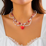 Fashionkova Ingemark Kpop Sweet Imitation Pearl Chain Strawberry Pendant Necklace for Women Wed Bridal Love Heart Choker Aesthetic Jewelry