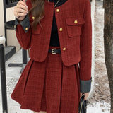 Fashionkova  party look inspos Autumn Winter New Red Tweed Two-piece Skirt Set Women Short Jacket Coat Pleated Mini Skirt Korean Fashion Chic Female Outfits