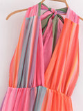 Fashionkova Halter Lace Up Rainbow Women Maxi Dress Sexy Sleeveless V-neck Backless Female Dresses High Waist Summer Mesh Corset Party Robes ootd