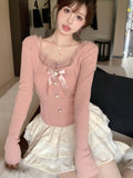 Fashionkova  party look inspos Japanese Kawaii Y2k 2 Piece Skirt Set Women Lace Sexy Elegant Skirt Suit Female Autumn Winter Chic Tops Cake Mini Skirt 2024 New