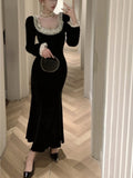 Fashionkova  party look inspos Vintage Solid Slim Long Dresses Autumn Square Collar Package Hip Birthday Party Dress Evening Mermaid Prom Robe Vestidos Largos