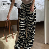 Fashionkova party look inspos Zebra-striped Casual Pants Fashion Black White Contrast Color Knit Pants Loungewear Drawstring Straight Trousers Autumn