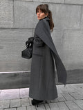 Fashionkova Party Outfit Vintage Hidden Button Long Coats With Scarf Women Casual Solid Lapel Slit Maxi Coats Female Winter Chic Elegant Street Overcoats