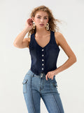 Fashionkova Women's Denim Vests Stylish Sleeveless V Neck Button Down Slim Fit Waistcoats Crop Tops for Streetwear Grunge Clothes Fairycore