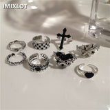 Fashionkova Kpop Vintage Y2K Black Big Cross Ring Thorns Heart Metal Opened Ring For Women BFF Trendy Gothic Grunge Aesthetic EMO Jewelry