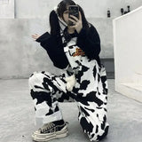 Fashionkova Party Outfit Street Hip-hop Harajuku Girl Cow Print Oneies for Women Black White Plaid Overalls Casual Jumpsuit Trousers Baggy Pants