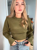 Fashionkova Waist Cinching Short Sweater Ribbed Wide Sleeved Knitwear Round Neck Loose Slimming Knitted Pullover Spring New Women's Clothing ootd outfit idea