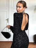 Fashionkova party look inspos Elegant Round Neck Sequin Maxi Dress Slim Fit Backless Long Sleeve Bodycon Rodes New Autumn Winter Women Banquet Party Vestidos