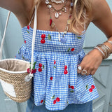 Fashionkova Fairycore Backless Tie Up Crop Tops Cherry Plaid Print Peplum Camisole Summer Holiday Sweet Cute Milkmaid Tank Vest Y2K Clothes