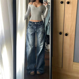 Fashionkova  Party Outfit  Women's Retro Wide Leg Washed Blue Jeans Summer New Cool Girl Straight Bottoms Vintage Casual Trousers Female Mid-Waisted Pants