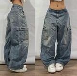 Fashionkova American Y2K New Fashion Pattern Embroidery Loose Jeans Men Street Casual Joker Mopping Oversized Wide-leg Pants Couple Jeans Casual Outfit