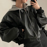 Fashionkova  Nye Outfit Fashion Hooded Loose Leather Jackets Women Fashion Faux Leather Coats Spring Autumn Korean PU Jackets