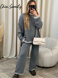 Fashionkova Party Outfit Casual Striped Knitted Set Women Elegant Split Pullover Sweater Elastic High Waist Straight Trousers Lady Outfit Autumn 2024