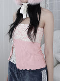 Fashionkova Sweet Lace Spliced Cute Straps Tops Women¡¯s Sleeveless Design Slim Fit Gentle Fashion Trendy Blouses