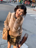 Fashionkova Party Outfit Maillard Faux Fur Coat Women 2024 Autumn Winter Fake Two Pieces Long Sleeve Lapel Zipper Knit Coat Vintage Y2k Female Clothing