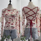 Fashionkova Women Retro Printed Slim See Through Mesh Top With Contrasting Straps Backless Long Sleeve Bottoming Cropped Top Y2K Streetwear