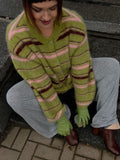 Fashionkova Green Stripe Knitted Cardigan Street Trend Contrasting Color Sweater Coat Jacket Retro Women's Loose Wool Knitwear Top Autumn ootd outfit idea