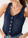 Fashionkova Women's Denim Vests Stylish Sleeveless V Neck Button Down Slim Fit Waistcoats Crop Tops for Streetwear Grunge Clothes Fairycore