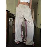 Fashionkova party outfit  American Retro Color Contrast Striped Casual Pants Women's Summer High Waist Drawstring Loose Thin High Street Wide Leg Pants